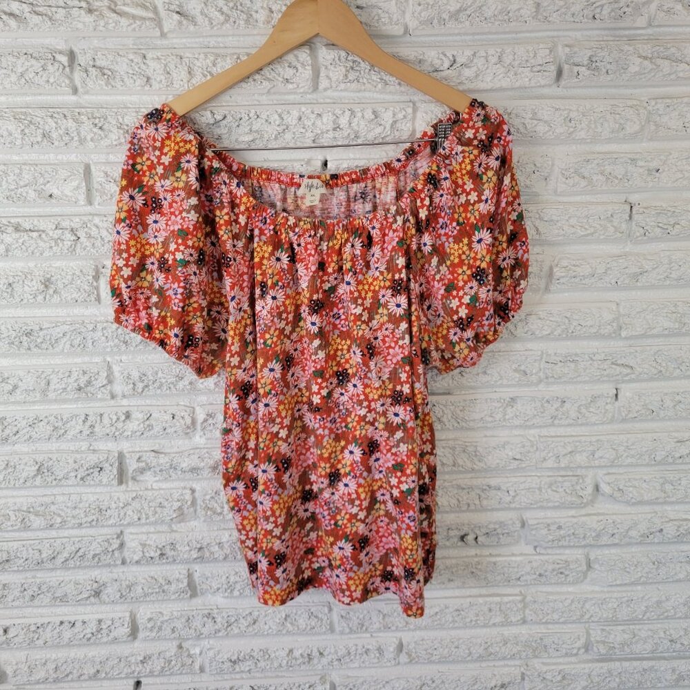 Style & Co XXL Plus Size Top 100% Cotton Red Yellow Floral Off Shoulder FLO235E